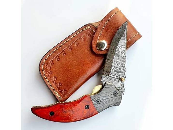 CRAFTOMATIK Damast Stahl Taschenmesser Klappmesser Rosenholz, Damast Stahl Griff Handgefertigt Outdoor Damastmesser Camping Messer FK30