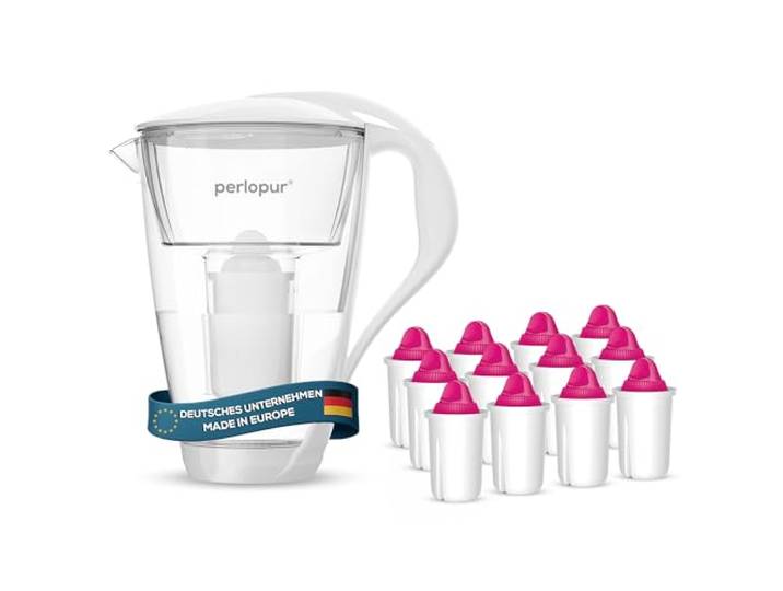 perlopur® Glas-Wasserfilter (weiß) +12 Filterkartuschen Aquamag Borosilikatglas, 2 l gesamt, 1 l gefiltert, LED-Anzeige, für classic Kartuschen, Magnesium-Zugabe, ideal für Kaltgetränke