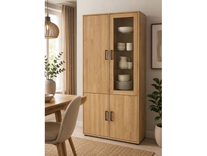 Vitrine Mido in Wildeiche massiv – Montierte Lieferung – 3%-Vorkasse-Rabatt