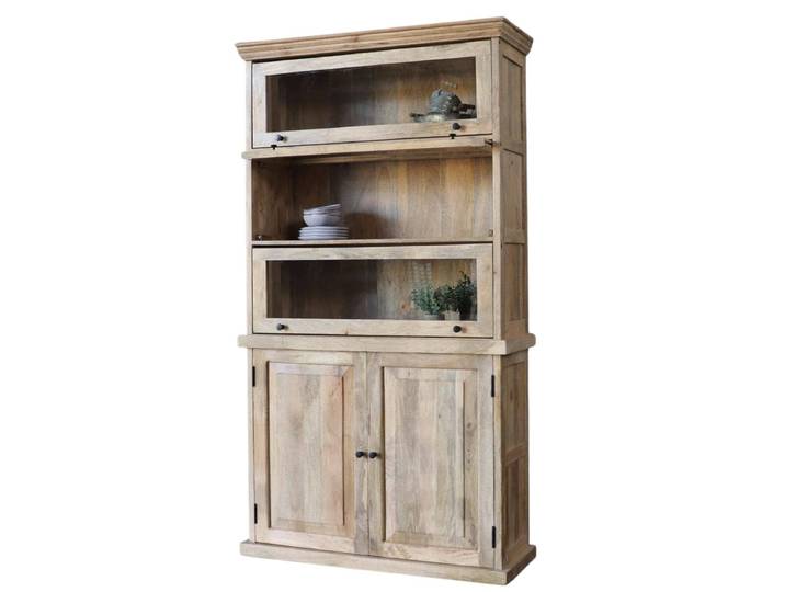 Schrank TAVEL Vitrine Klapptüren Glas braun massiv Mangoholz Klappfach