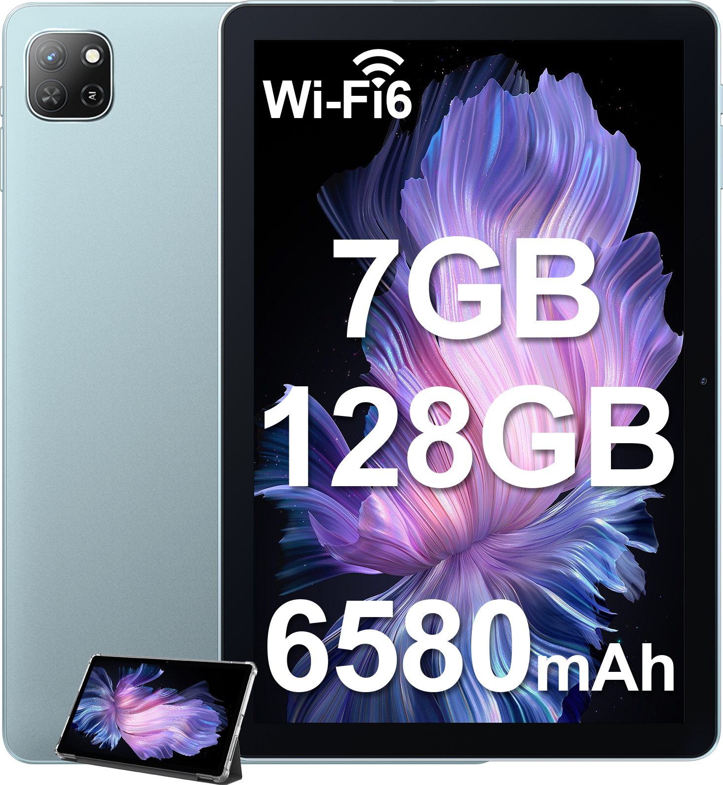 OSCAL Pad70 Tablet 10 Zoll mit Hülle, 7GB RAM+128GB ROM, 6580mAh Akku, 13MP Kamera, HD IPS-Bildschirm, Android 12, 2.4G/5G WiFi, Bluetooth 5.0, Blau