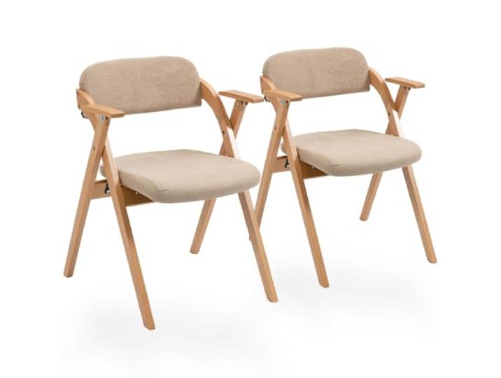 SEEDWAVE Klappbarer Esszimmerstuhl 2er Set mit Armlehne – Abnehmbarer Leinenbezug – Massivholz Buche Beine – Gepolsterter Küchenstuhl – Platzsparend & Stabil (Khaki)