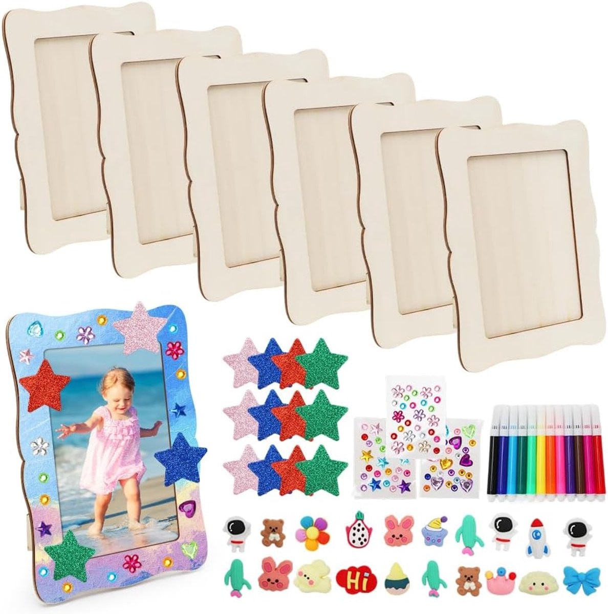 Set van 6 houten fotolijsten voor kinderen inclusief accessoires voor doe-het-zelf decoratie