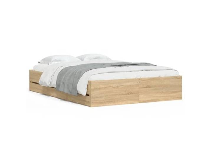 PUGYNBK Bett mit Schubladen, Holz, Sonoma-Eiche, 120 x 200 cm Lattenrost im Lieferumfang enthalten, robust und stabil, integrierte Aufbewahrung, Matratze nicht im Lieferumfang enthalten