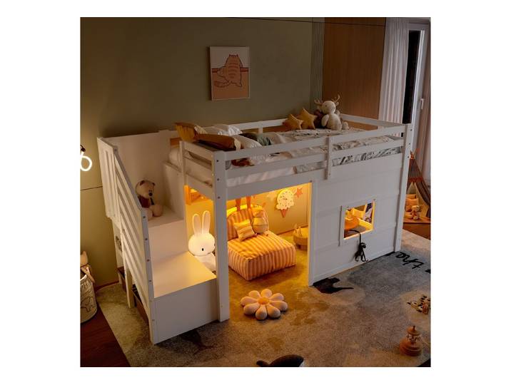 STILVORA Hochbett 90x200 Kinderbett mit Stauraumtreppe&Fenster,Holzbett LED-Jugendbett (90x200 Hochbett mit Stauraumtreppe, Fenster & LED-Beleuchtung – Weiß, stabiler Kiefernholzrahmen, ideal für Kinderzimmer, platzsparend mit integriertem Stauraum, 1-St) mit Stauraumtreppe und Fenster