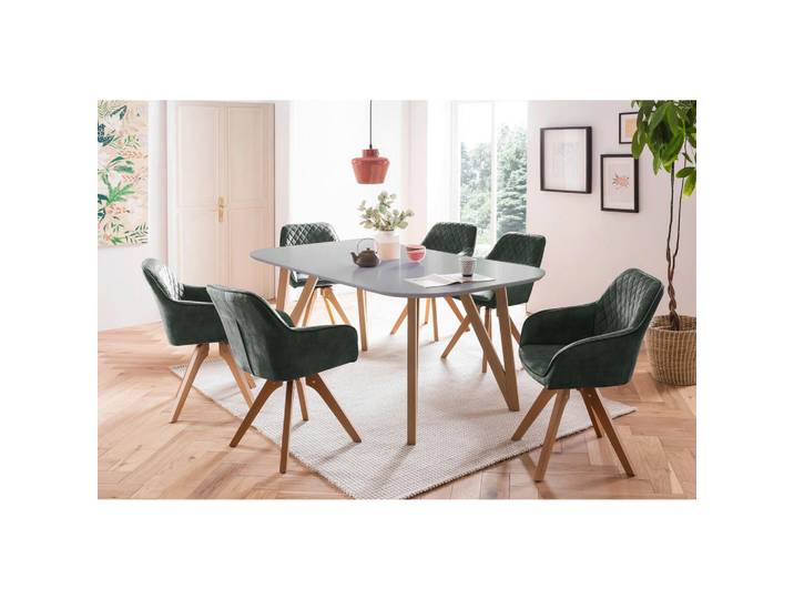 Mid.you Tischgruppe, Grau, Dunkelgrün, Holz, Buche, Eiche, massiv, Raute, oval, Stativgestell, 90x76x180 cm, Esszimmer, Tische, Esstische