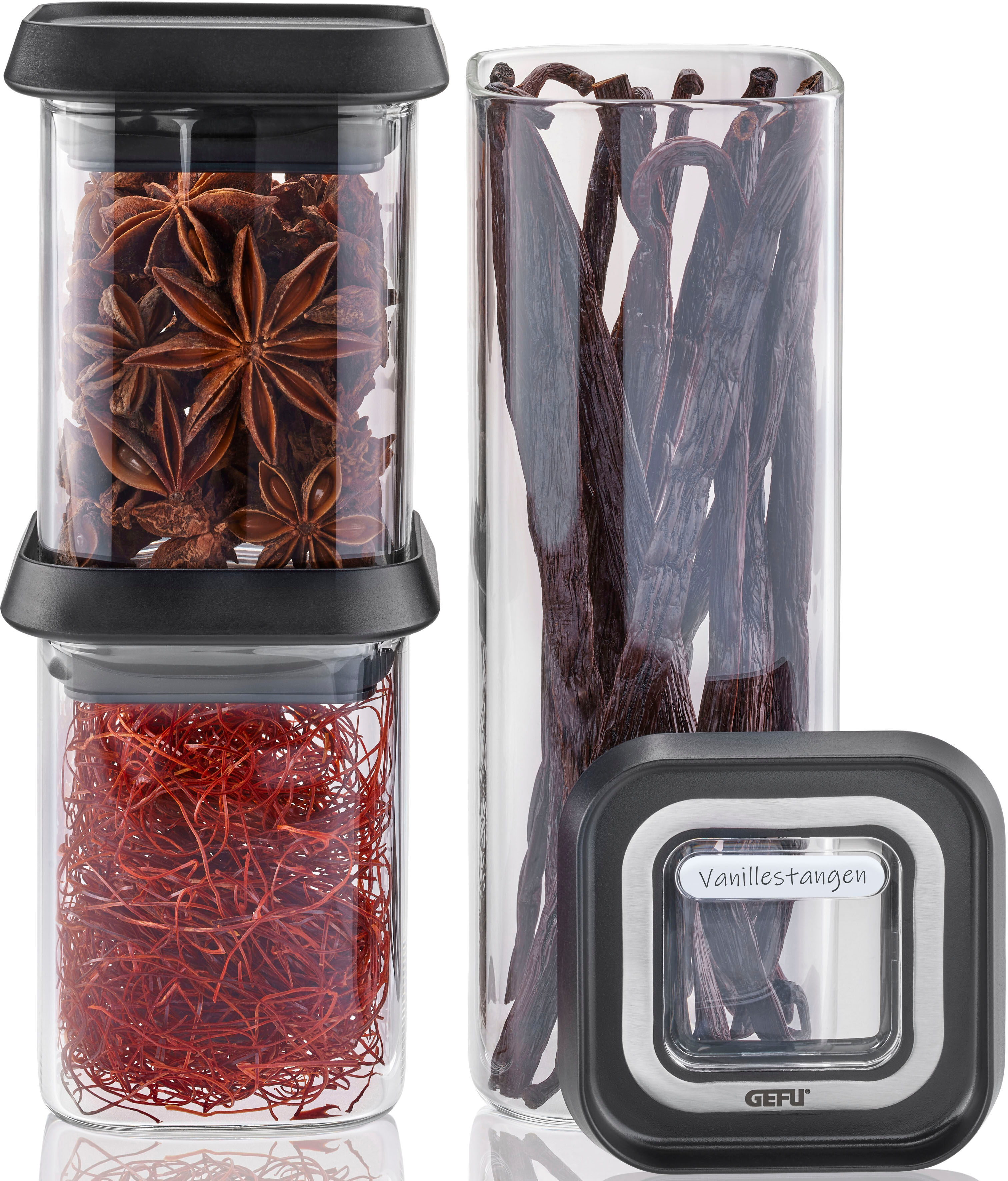 Vorratsdose GEFU "PANTRY mini", silber (schwarz, silber), Borosilikatglas, Lebensmittelaufbewahrungsbehälter, Vorratsdose, ideal für Gewürze, Kräuter und Tee