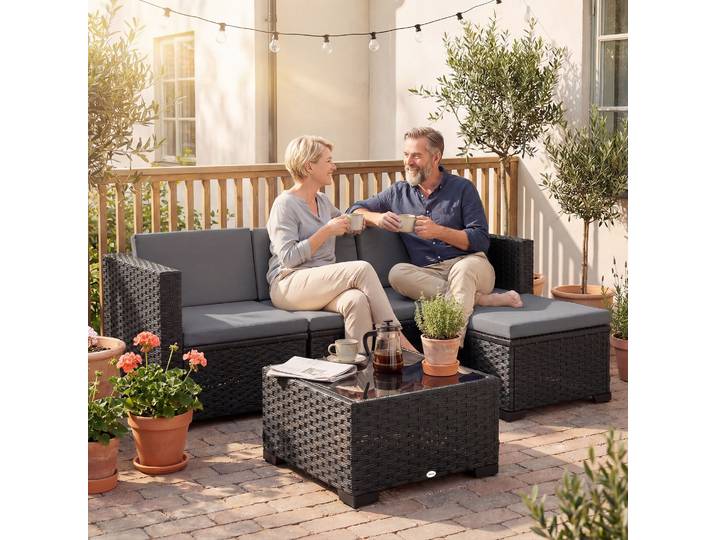 Outsunny Ensemble Jardin Rotin 5 Pièces Canapé d'Angle Gris