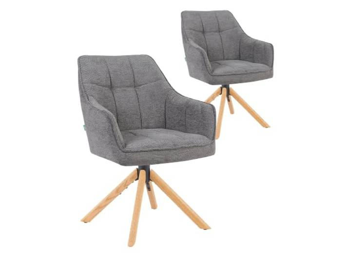 DUBI Möbel 2er Set Esszimmerstühle Thomas-MIRA – Polsterstuhl mit Taschenfederkern – 360° Drehbar mit Rückstellfunktion – Beine Massivholz Eiche – Moderner Küchenstuhl Webstoff Grau, Belastbar 150kg