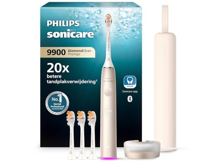 Philips Sonicare DiamondClean 9900 Prestige elektrische tandenborstel met SenseIQ-technologie en app, 5 poetsstanden, 3 intensiteitsniveaus, oplaadreisetui, champagne, model HX9992/44
