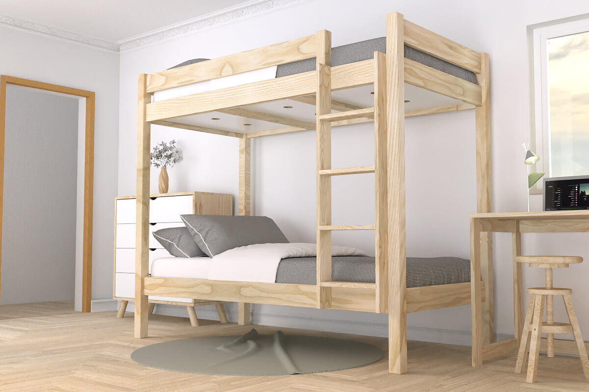 ABC MEUBLES Etagenbett 2 Plätze 90x200 rechts Skala Holz ABC - Roh (ohne Lack)