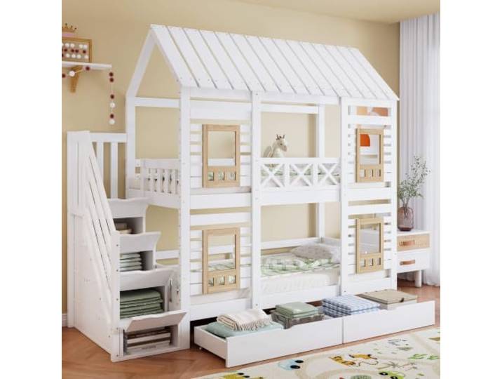 RAPRAP Kiefer-Etagenbett 90x200cm Weiß/Natur Mit 4 Fenstern & Stauraum Stabiles Hochbett Kinder Mit Fallschutzgitter, 2 Schubladen, 4 Treppen-Ablagefächern & EN747-Zertifizierung – Viel Stauraum