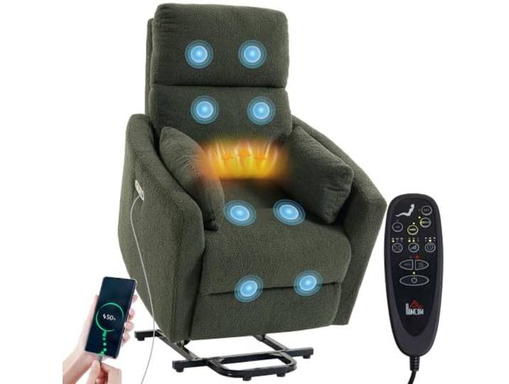 HOMCOM Relaxsessel Elektrisch mit Aufstehhilfe Vibrationsmassage Dunkelgrün Fernsehsessel, TV-Sessel mit Liegefunktion, USB, Fernbedienung, Ruhesessel mit Teddyfleece-Optik, Kissen