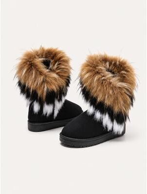 LightInthebox Women's Brown Faux Suede Faux Fur Ankle Snow Boots, Warm Round Toe Flat Pull-On Winter Boots for Women for Casual Outdoor Walking, Travel and Cold Weather