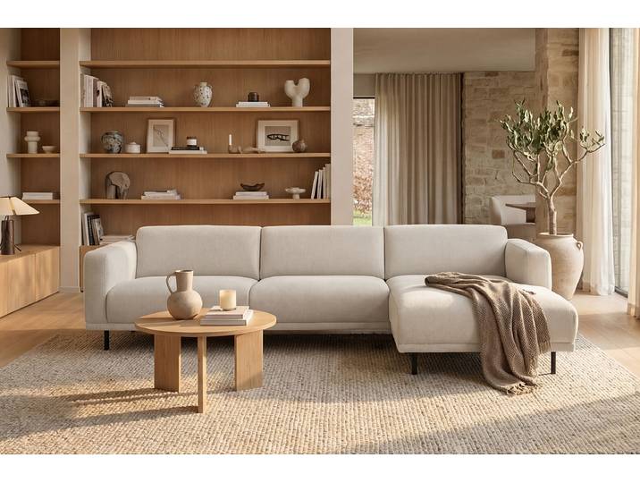 Canapé d angle méridienne Beige Tissu Palmira 280 x 71 x 157cm Méridienne courte à droite vue de face Moderne