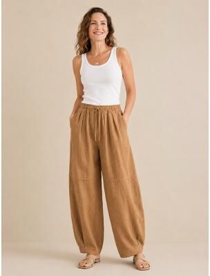 LightInthebox Women's Linen Harem Pants Mid Waist Full Length Drawstring Pocket Vacation Light Yellow Buff Rice