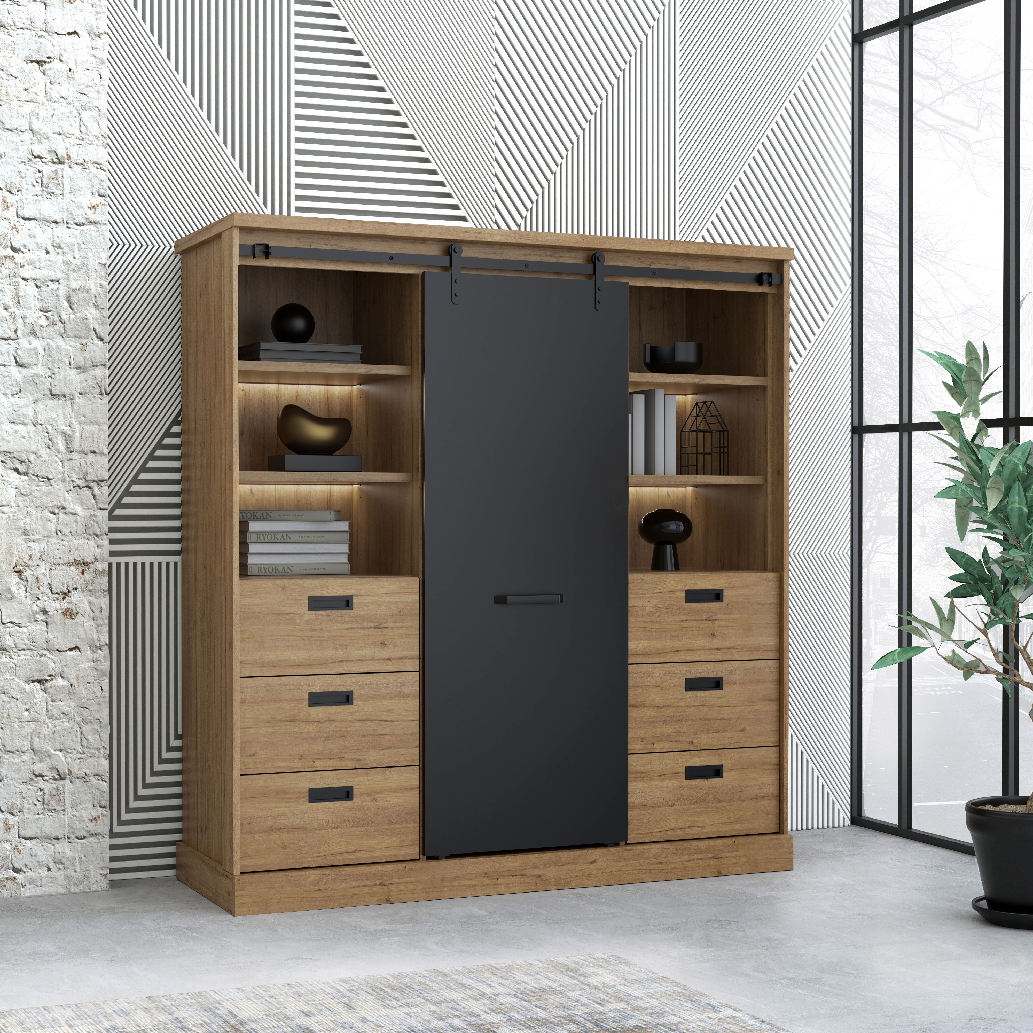 Highboard FORTE "Kaszimiro", schwarz (waterford eiche, schwarz), B:148,4cm H:160,2cm T:52cm, Holzwerkstoff, Sideboards, Highboard