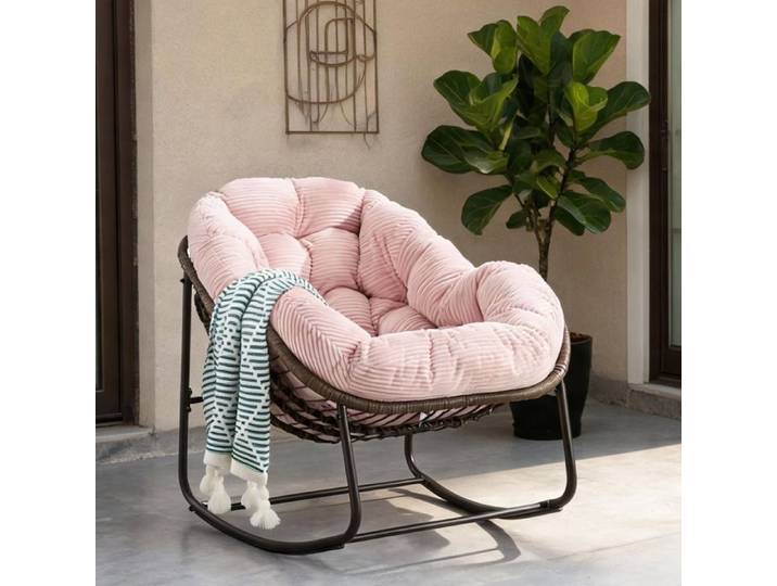 Fauteuil à bascule en rotin synthétique rose pour terrasse jardin ou salon structure acier large assise