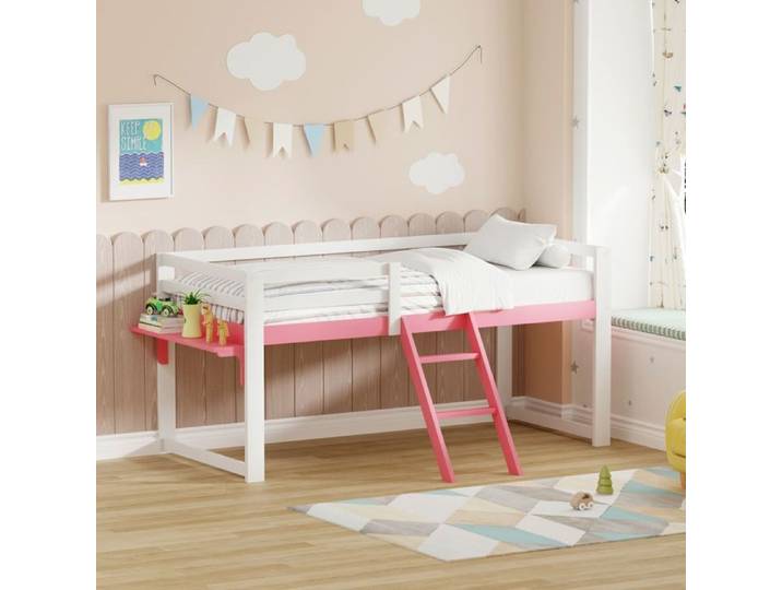 Lit Mezzanine Enfant 90x200 Pin Massif Sécurisé Blanc/Rose - Lit Enfant - Échelle Antidérapante Table Latérale Sommier Inclus
