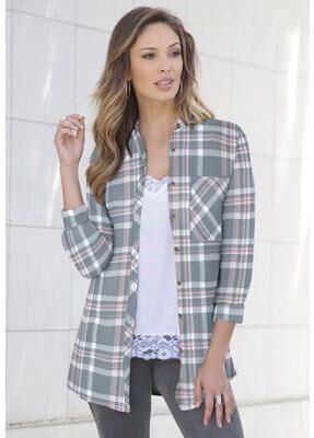 Plus Size Women's Plaid Flannel Tunic by Roaman's in Gunmetal Plaid (Size 42 W) Plaid Shirt
