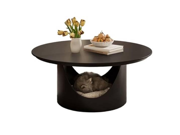 Ptasccne Runder Couchtisch mit doppellagiger Aufbewahrung, halbzylindrisch Teetische mit Untergestell aus Kohlenstoffstahl for das Wohnzimmer couchtisch