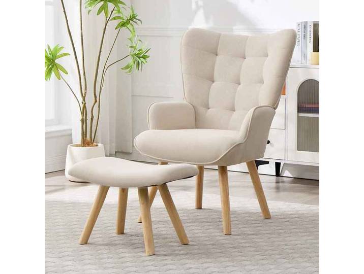 CANMOV Fauteuil Chaise d'Appoint avec Repose-Pieds Fauteuil de Lecture en Velours Côtelé Beige