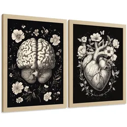POSTER Set aus 2 Anatomie Mensch Drucke und mit Gehirn und Herz Monochromes Florales Design Schwarzer Hintergrund Größe Leichter Holzrahmen A4