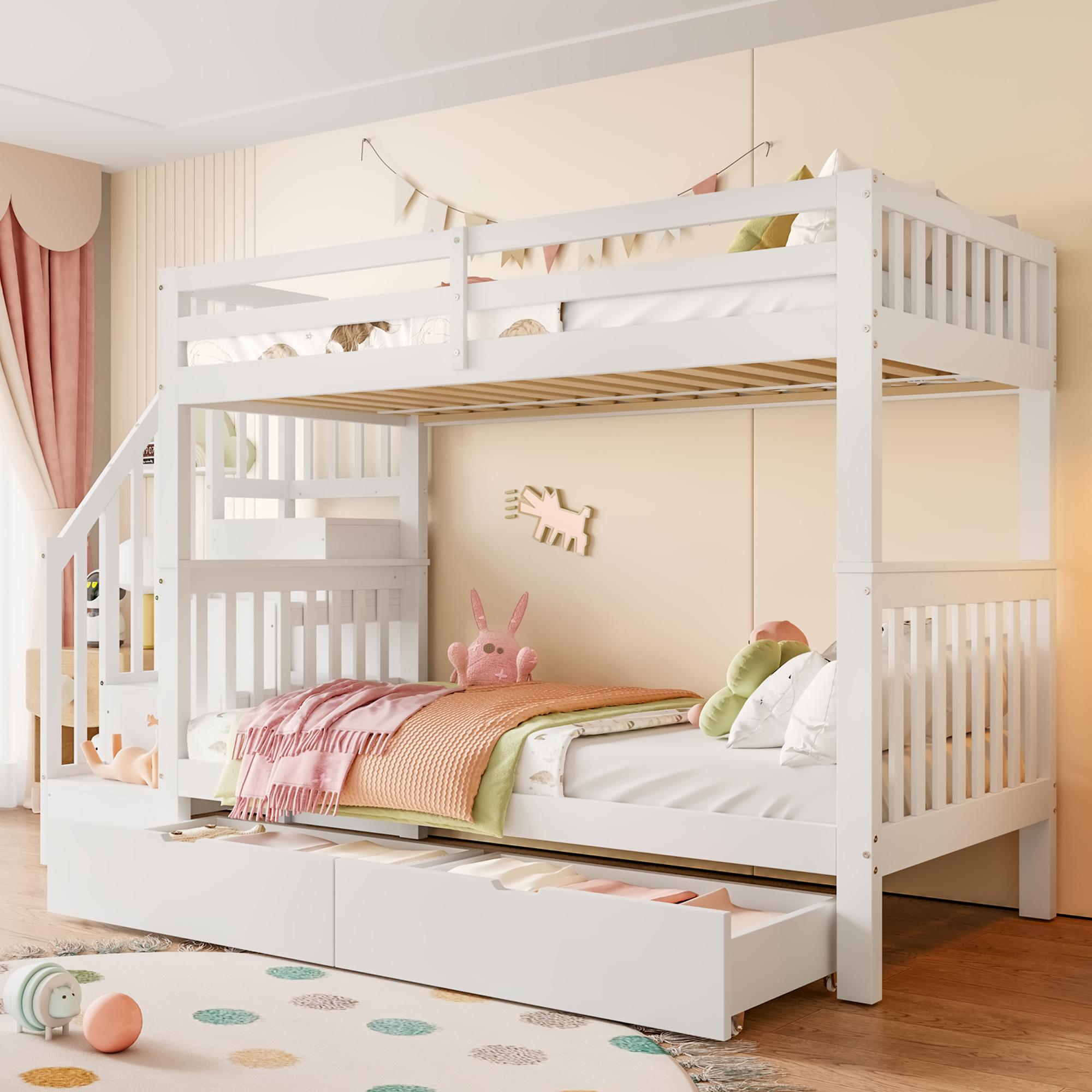 90*200cm Etagenbett, Treppenregal, ausgestattet mit zwei Schubladen, hohe Geländer, EN747-1 , weiß