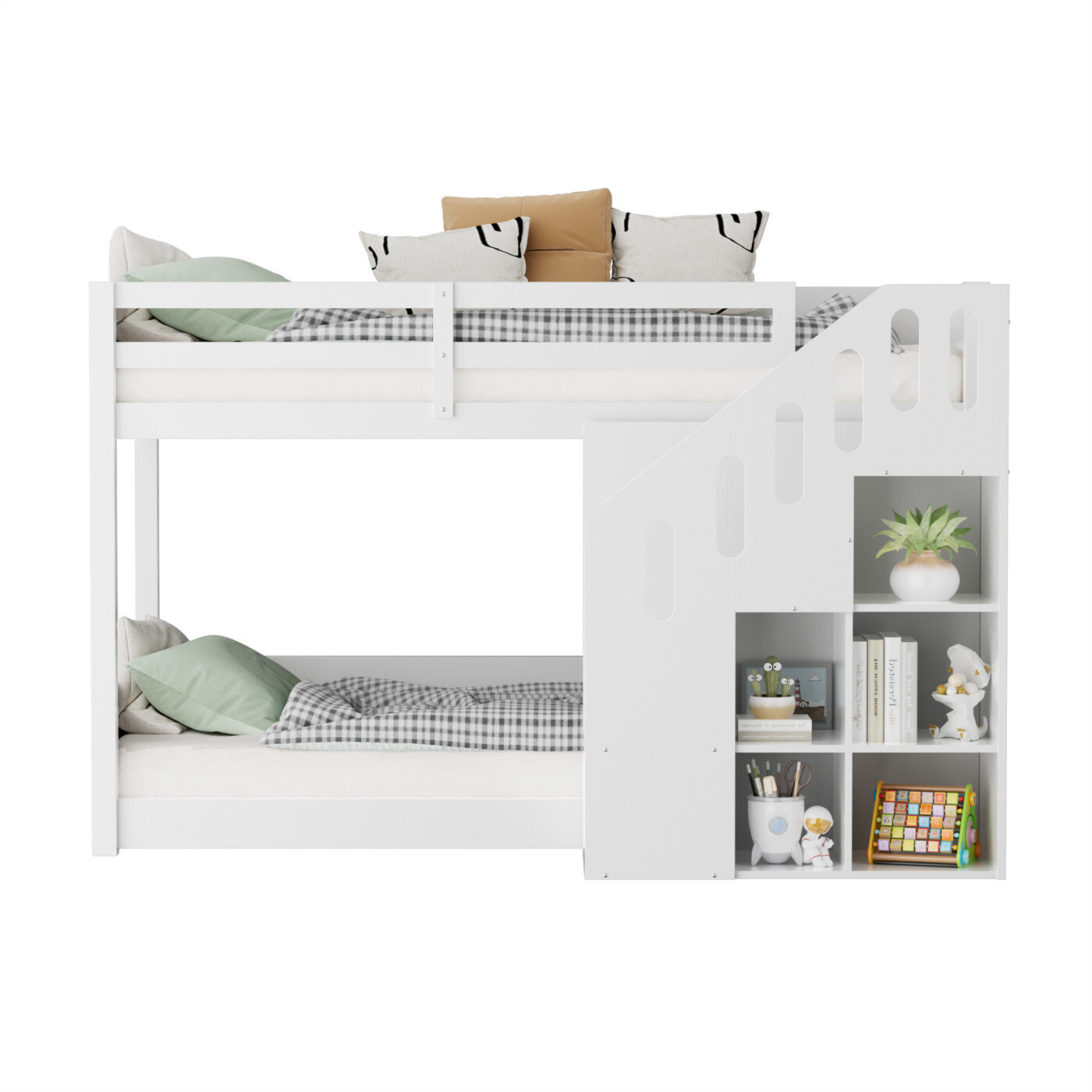 Kinder-Etagenbett,Doppelbett, multifunktionales Kinderbett, Mit Treppen und Schließfächern,stabiles Geländer, ohne Matratze, 90*200cm, Weiß