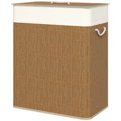MODFU Wäschekorb Bambus mit Deckel 52x32x63 cm 100 L Braun mit herausnehmbarem Wäschesack, Metallgestell, Seilgriffe, für Bad Waschküche