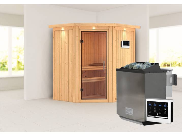 Sauna KARIBU »Liyah« mit Klarglastür und Dachkranz , beige (naturbelassen), Bio-Kombiofen, externe Steuerung, (ohne Ofen), Saunen, Sauna, in verschiedenen Ausführungen erhältlich