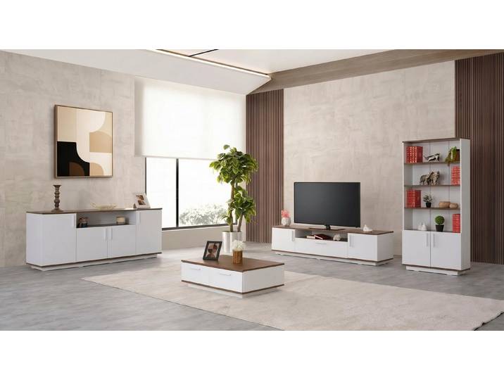 JVmoebel Wohnwand Weißes TV-Set TV-Ständer Couchtisch Bücherregal Möbel, Made in Europa