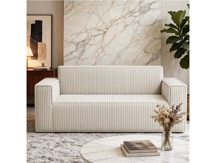 WUVRIE Canape fixe 2 places en velours cotele blanc casse 178 x 86 x 70 cm assise profonde sans montage