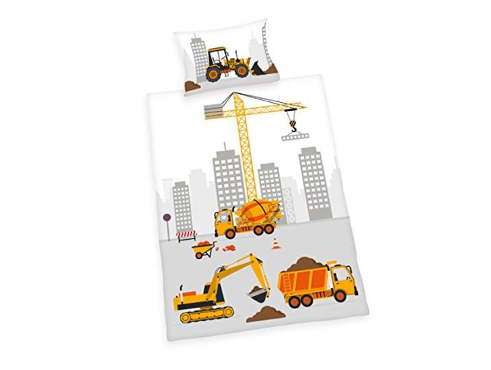 Herding BABY BEST Kleinkinder-Bettwäsche-Set, Jana Baustelle Wendemotiv, Bettbezug 100x135cm, Kopfkissenbezug 40x60cm, Flanell/Biber