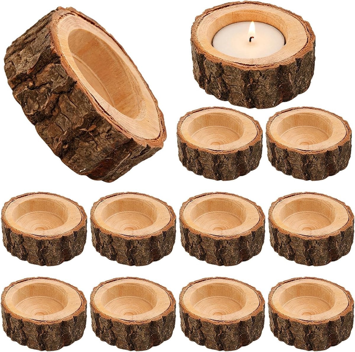 ShopVlot 12 stuks ronde vintage theelichthouders van hout voor tafeldecoratie
