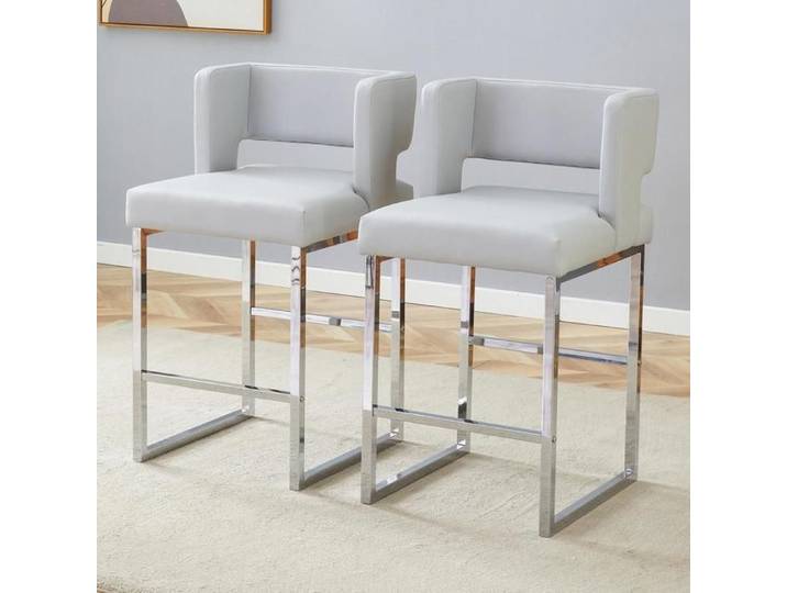 Chaises de bar - KOMHTOM - Design carré - Lot de 2 - Gris clair - Pieds métal argenté