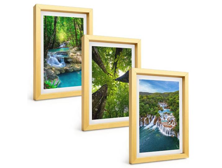 BILDER SET 3er Set - 20x30 cm Goldrahmen - Wasserfälle grüner Wald Wasser