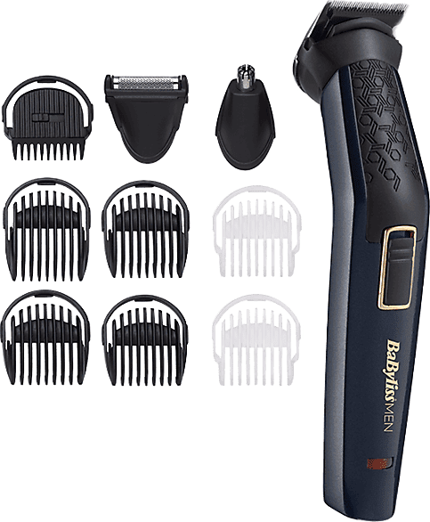 Afeitadora corporal - BaByliss MT728E, 9 Cabezales, Sin cable, Naricero y orejero, 60 min, Negro