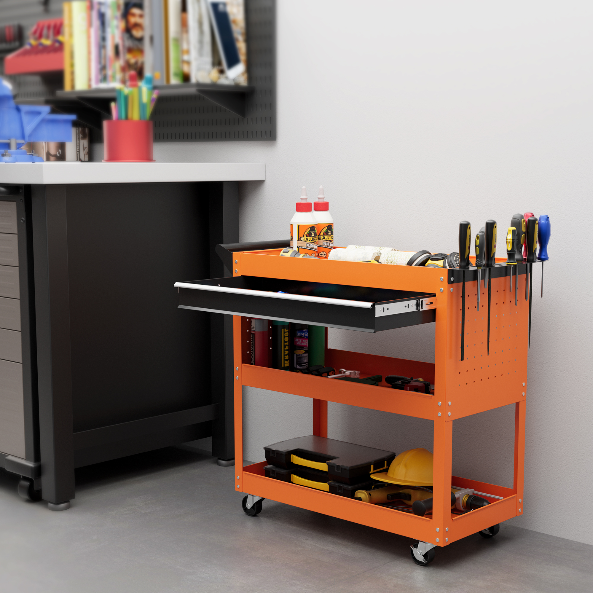 Durhand Carrello Porta Attrezzi con Manico Laterale, Cassetto e 3 Ripiani in Acciaio, 82x35x76 cm, Arancione