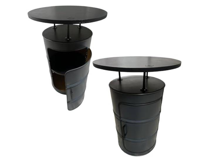 Fass Möbel Stehtisch in Schwarz, Bistrotisch, Partyraumtisch mit Tür, Regal, Holzplatte und Tischplatte, Handgefertigt in Deutschland, 80 x 115 x 80 cm (B x H x T) (Tischplatte-Honig)