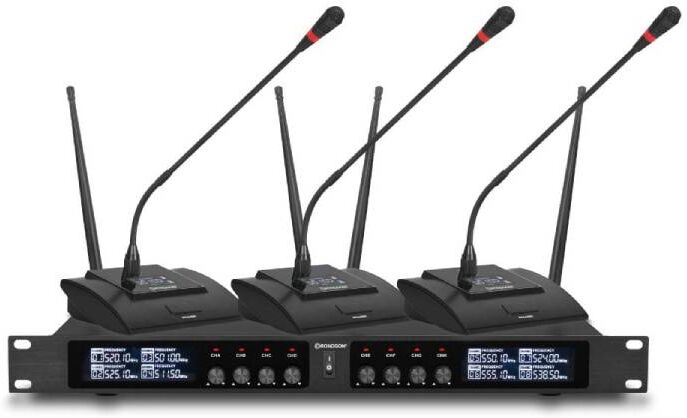 Rondson Récepteur UHF BE-20CONF avec 8 micros sans fil (607.1 - 687.1 MHz) Ensemble UHF sans fil avec 8 micros pupitres, idéal pour conférences et
