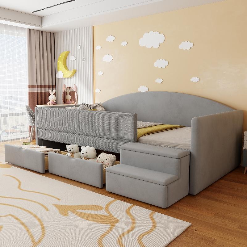 Polsterbett 90x190cm Kinderbett mit 2 Schubladen, Schutzgeländer und Stufen, Samtstoff hellgrau für Schlafzimmer