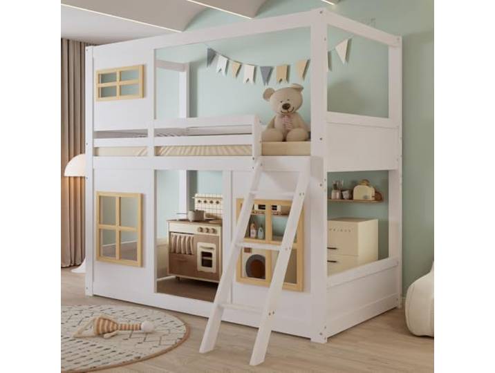 I0I&I0I Etagenbett Kinderbett, Mit Fenstern, Trittleiter, Vierseitigem Rausfallschutz, Für Kinderzimmer