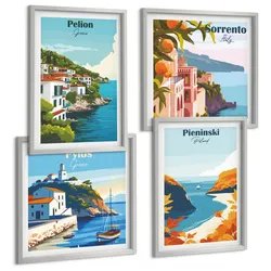 BILDER SET 4er Set - 50x50 cm & 40x60 cm Silberner Rahmen - Retro-Landschaften im malerischen Stil