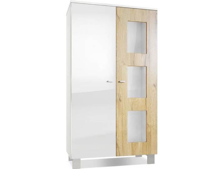 Vladon Vitrine Armoire Denjo Corps en Blanc mat - Façades en Blanc haute brillance et Chêne Nature