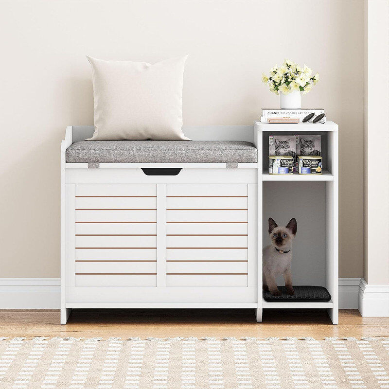 Blue Elephant Cat Box Cabinet 2-in-1, Hidden Litter Box Furniture with Storage&Cushion, Cat Litterbox Furniture with Door, Indoor Wooden Covered Cat House for Hallw White 61.5cm H X 85.9cm W X 49.8cm D