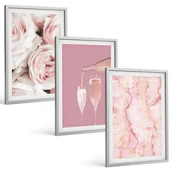 BILDER SET 3er Set - 40x60 cm Silberner Rahmen - Champagnerfarbene Rosen, Marmorhintergrund