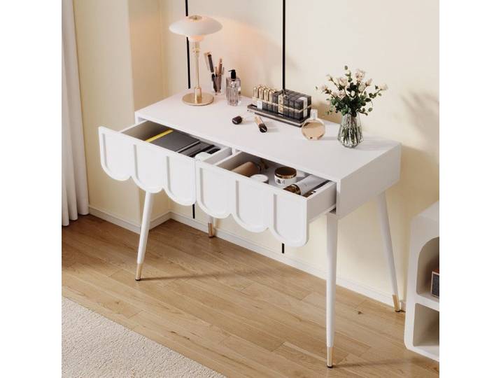 Bladez - Meuble coiffeuse avec 2 tiroirs + Pieds en Métal - 100×40×76 cm - Blanc