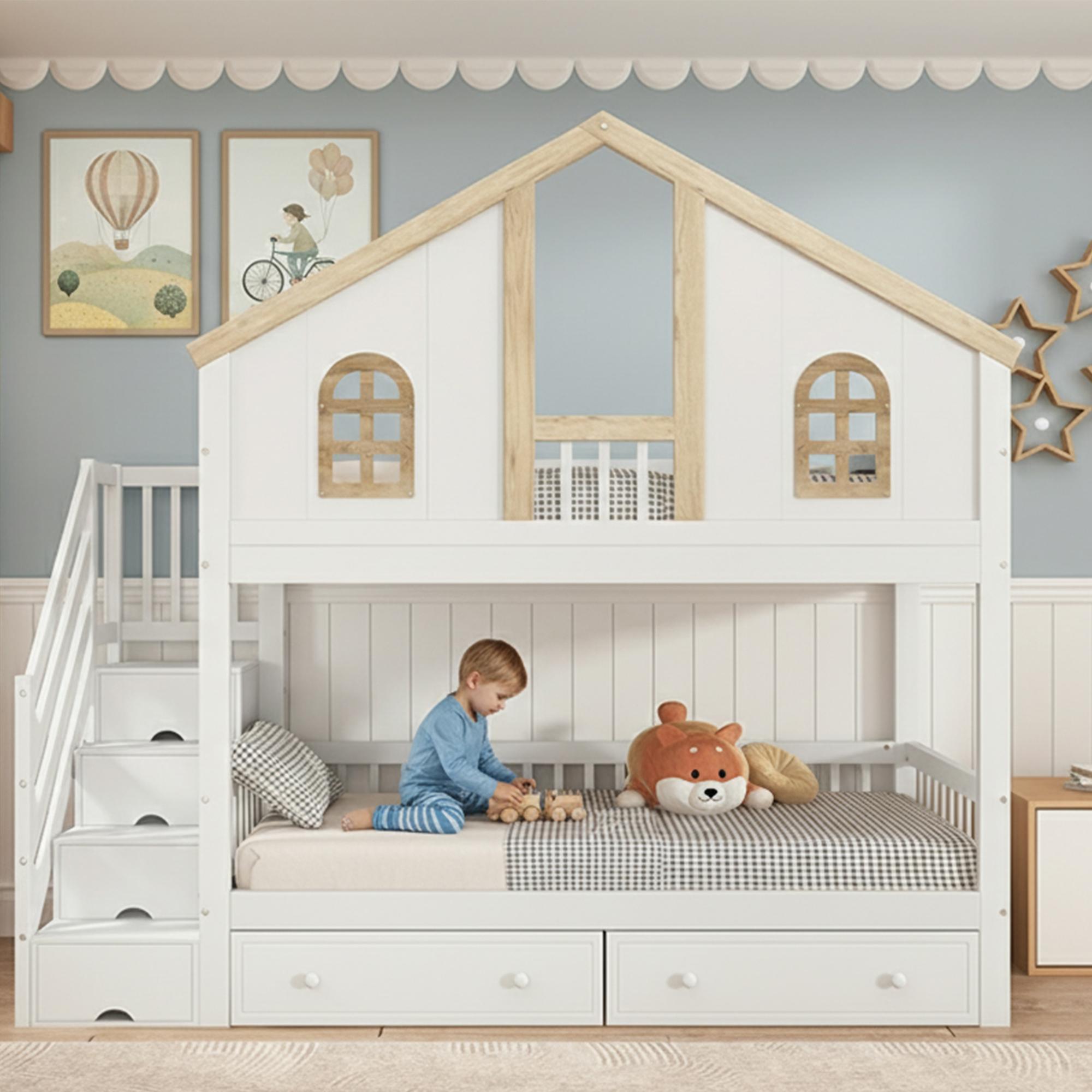 Etagenbett, Kinderbett, mit farblich abgesetztem Fallschutzgitter, mit Fenster, Zwei Schubladen mit Rollen, Treppe mit 4 Ablagefächern, Kiefer+MDF