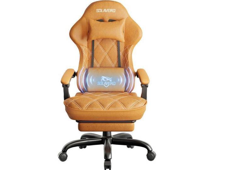 Chaise de Bureau Massant en Tissu Respirant Perforé Fauteuil avec Coussin Lombaire Massant USB et Repose-Pieds Brun